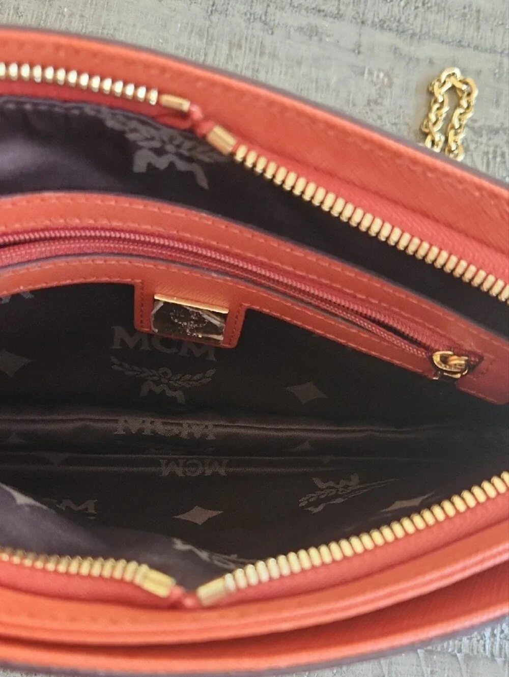 MCM Orange Saffiano Leather Satchel with Gold Chain Accent-FALL!